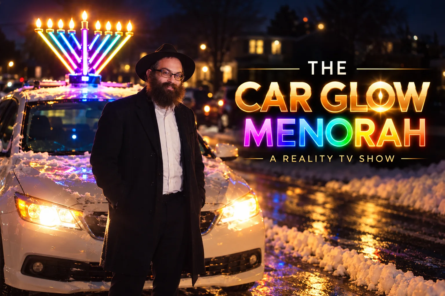The Car Glow Menorah, a reality TV show: Menachem Drelich beside the Torah2Go car with a lit rainbow menorah on its roof on a snowy night