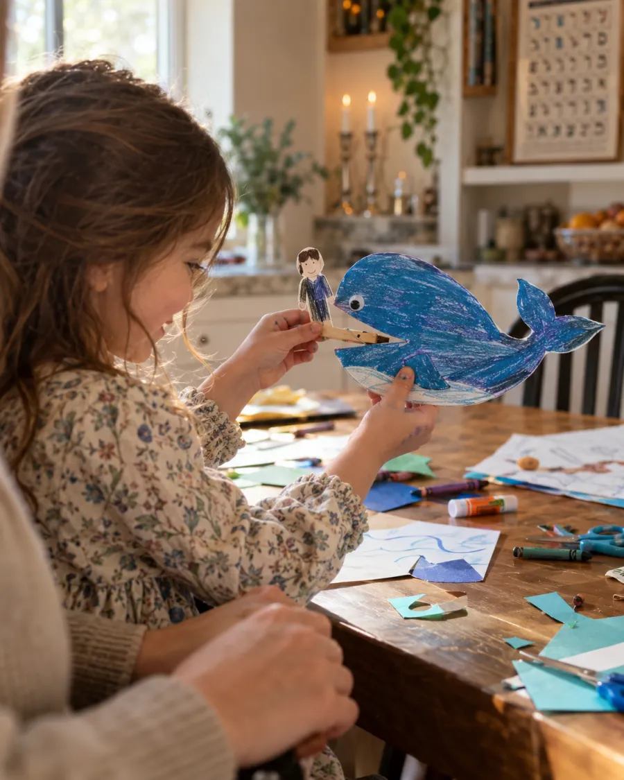 A young girl at the kitchen table proudly holding up her paper Yonah and the whale craft, her mother beside her