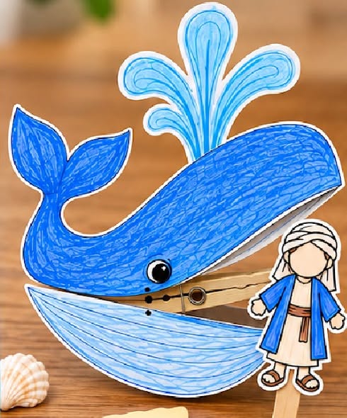 Paper whale craft with a clothespin mouth and a Yonah stick puppet